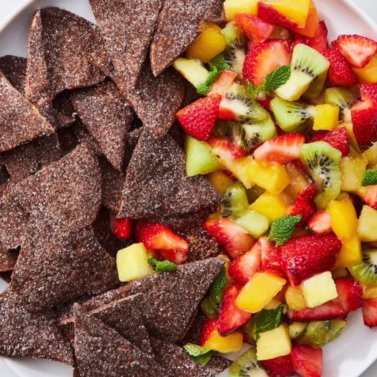 Golden dessert chips with a bright fruit salsa, ready for dipping and sharing.