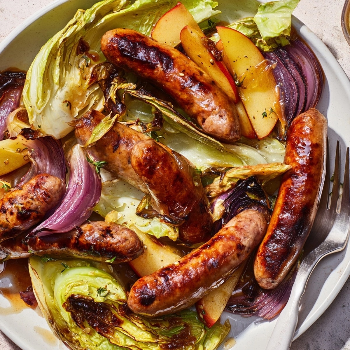 Golden Maple-Glazed Sausage Apple Cabbage roasting on a sheet pan, ready to serve.