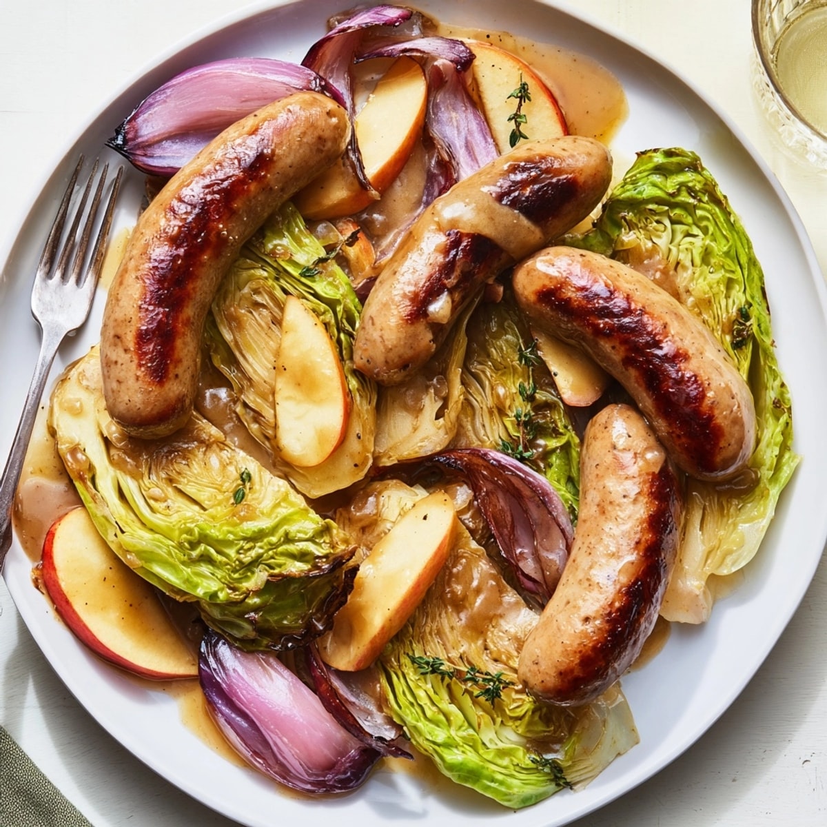 Close-up showcasing glistening Maple-Glazed Sausage Apple Cabbage, a one-pan autumn dinner delight.