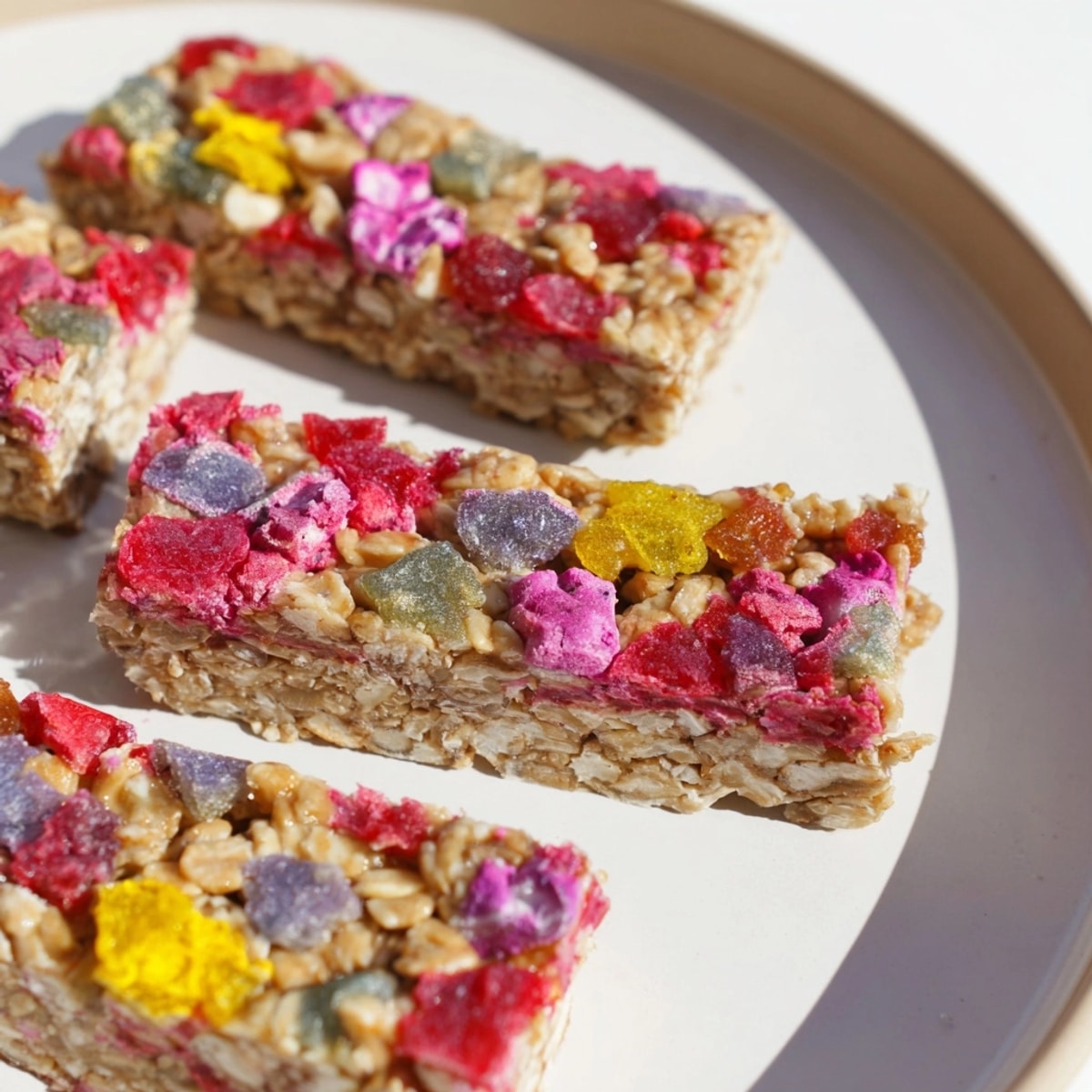 Imagine biting into chewy homemade DIY Snack Bars, featuring fruity gummies and crunchy freeze-dried fruit.