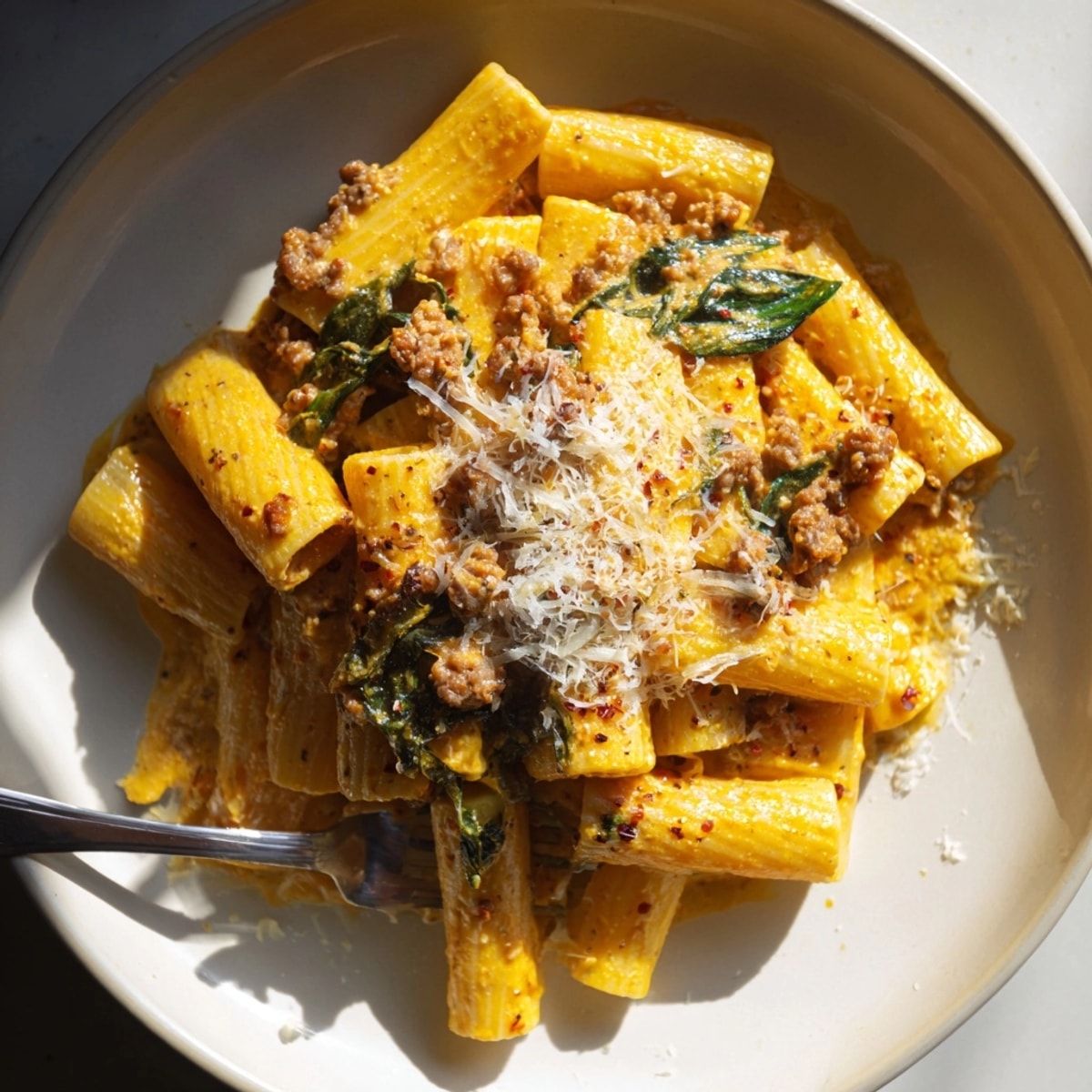 Creamy Sausage Pumpkin Rigatoni Pasta simmering in a Dutch oven, topped with parmesan.