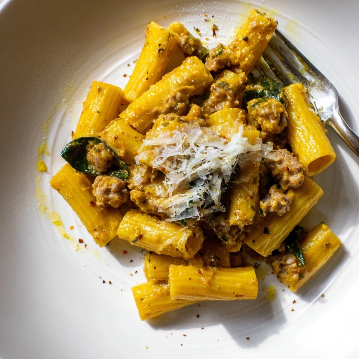 Close-up of Sausage Pumpkin Rigatoni; savory sausage, al dente pasta in rich pumpkin sauce.
