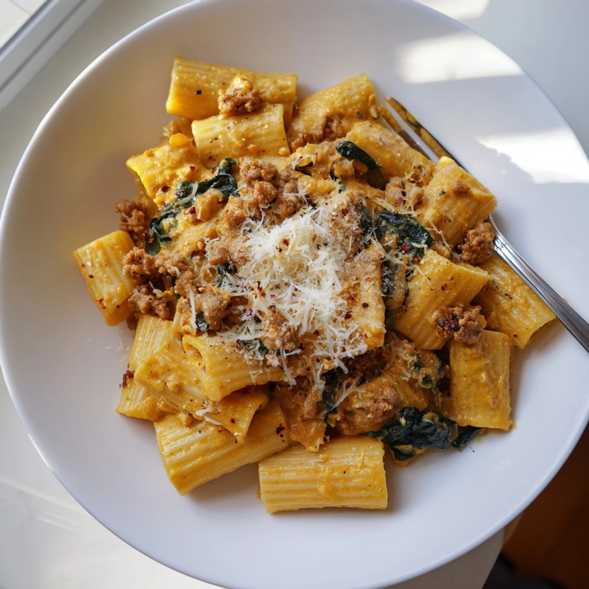 Warm bowl of Sausage Pumpkin Rigatoni Pasta garnished with fresh parmesan, ready to eat.