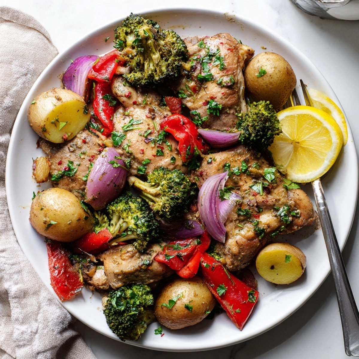 Close-up shows steaming Lazy Gourmet Chicken Vegetable, ready to enjoy with lemon wedges.