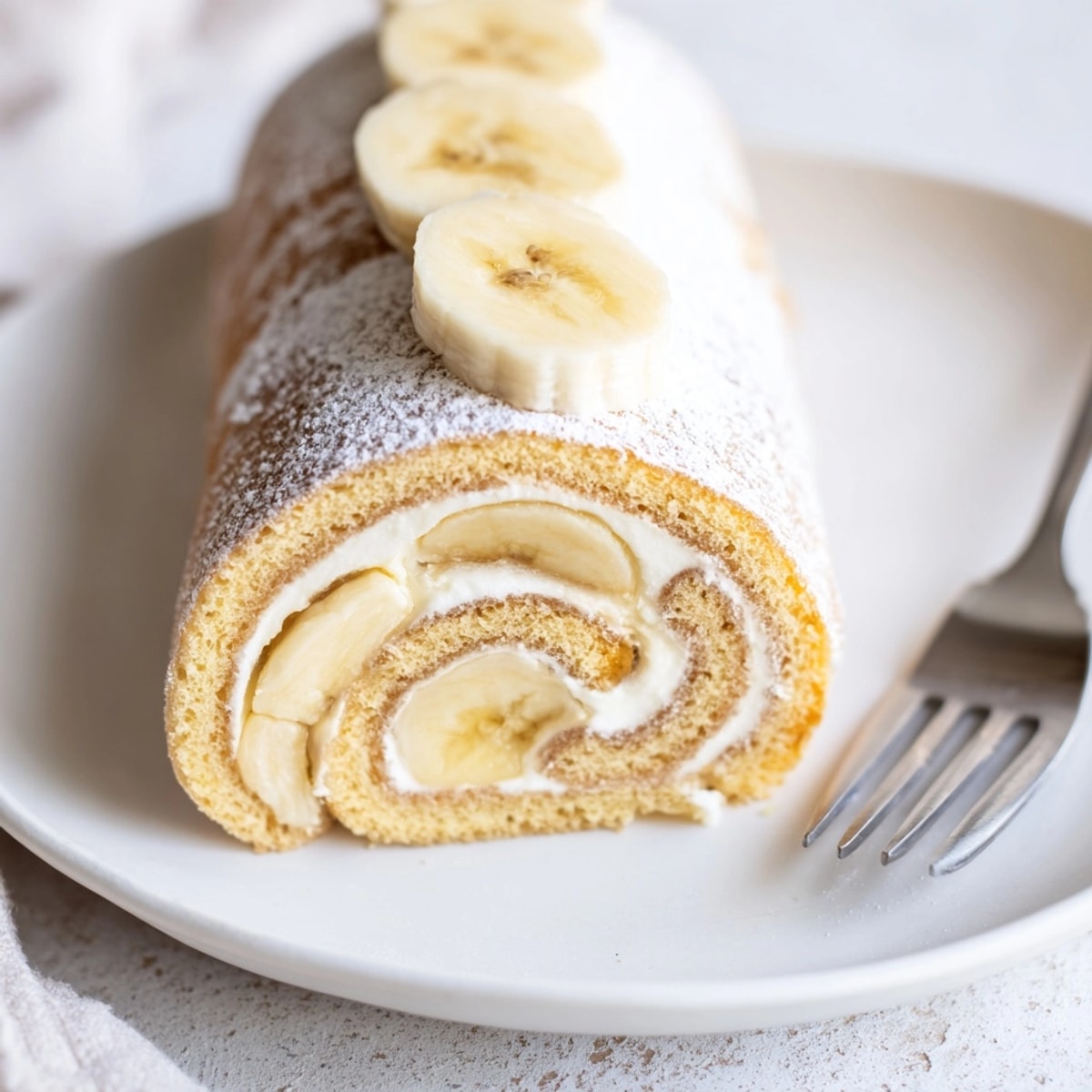 Golden Banana Cream Cheesecake Roll is being sliced, revealing creamy swirls and fresh fruit.