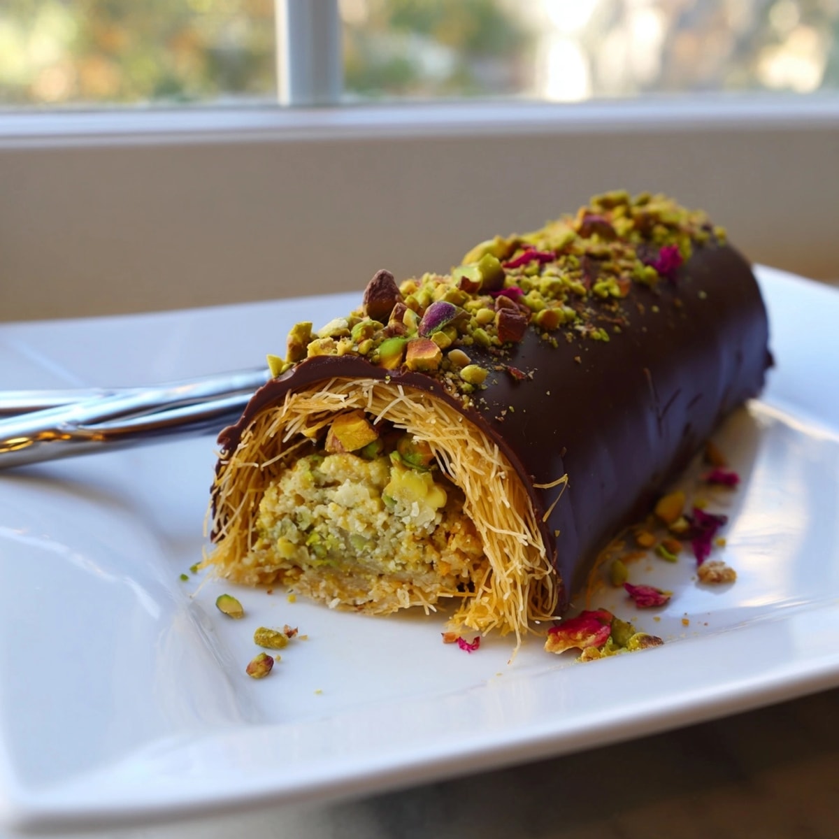 Close-up of golden Pistachio Knafeh Chocolate Bar, with visible layers and pistachio garnish.