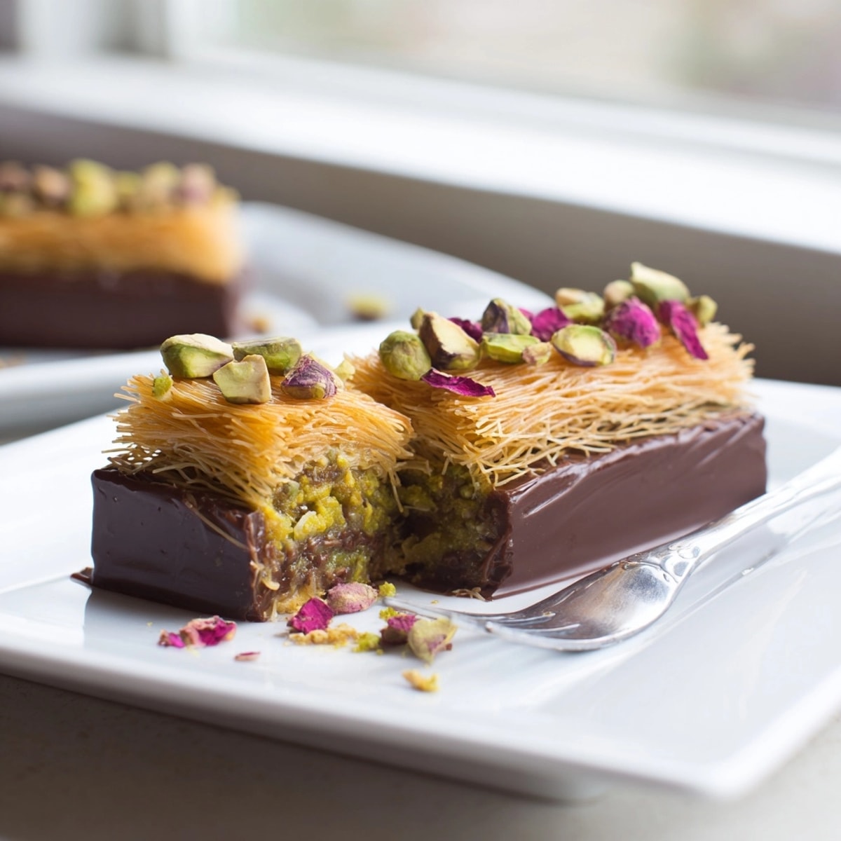 Homemade Pistachio Knafeh Chocolate Bars, a Middle Eastern fusion dessert, chilling before serving.