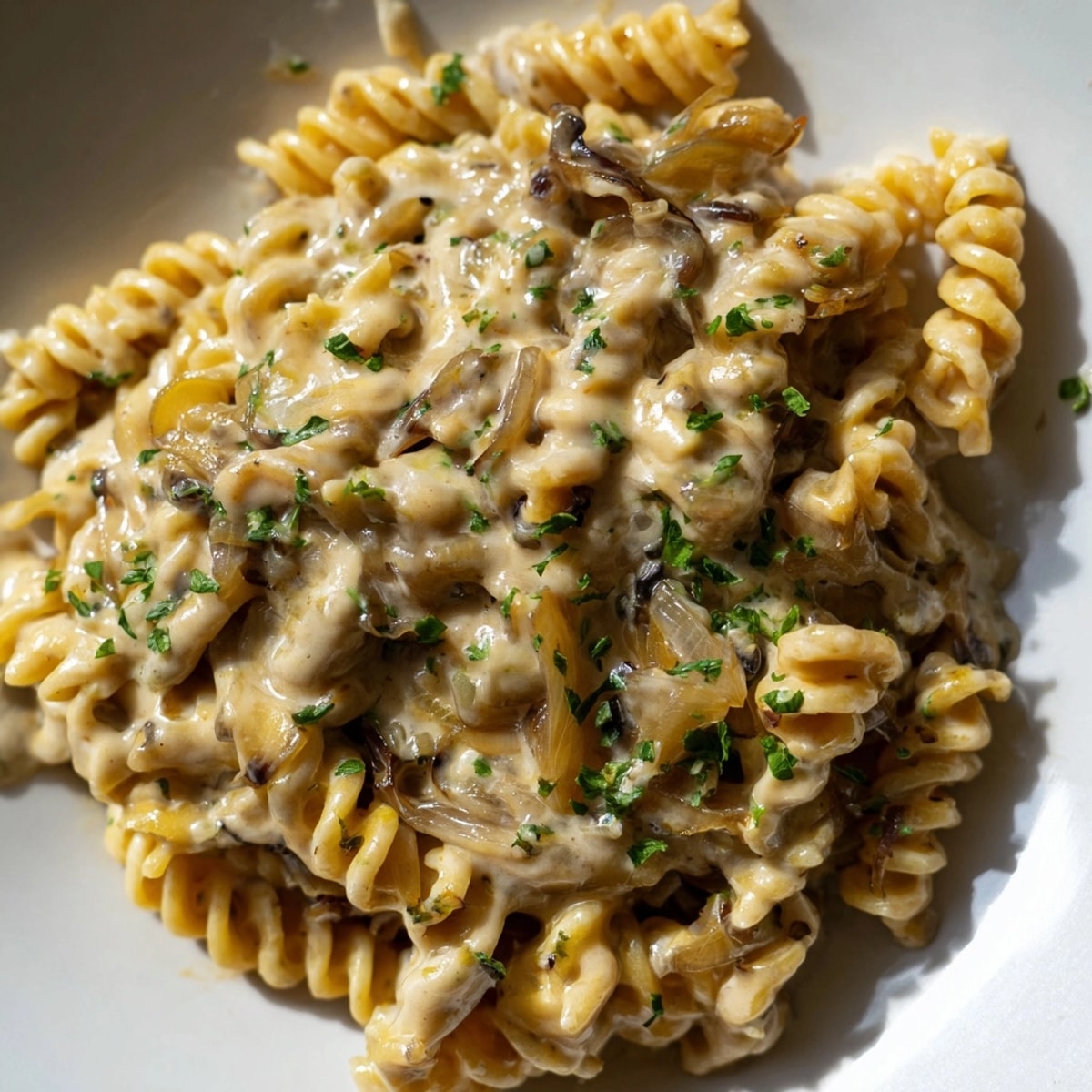 Caramelized onions and pasta blend in this OnePot French Onion Pasta a comforting delight.