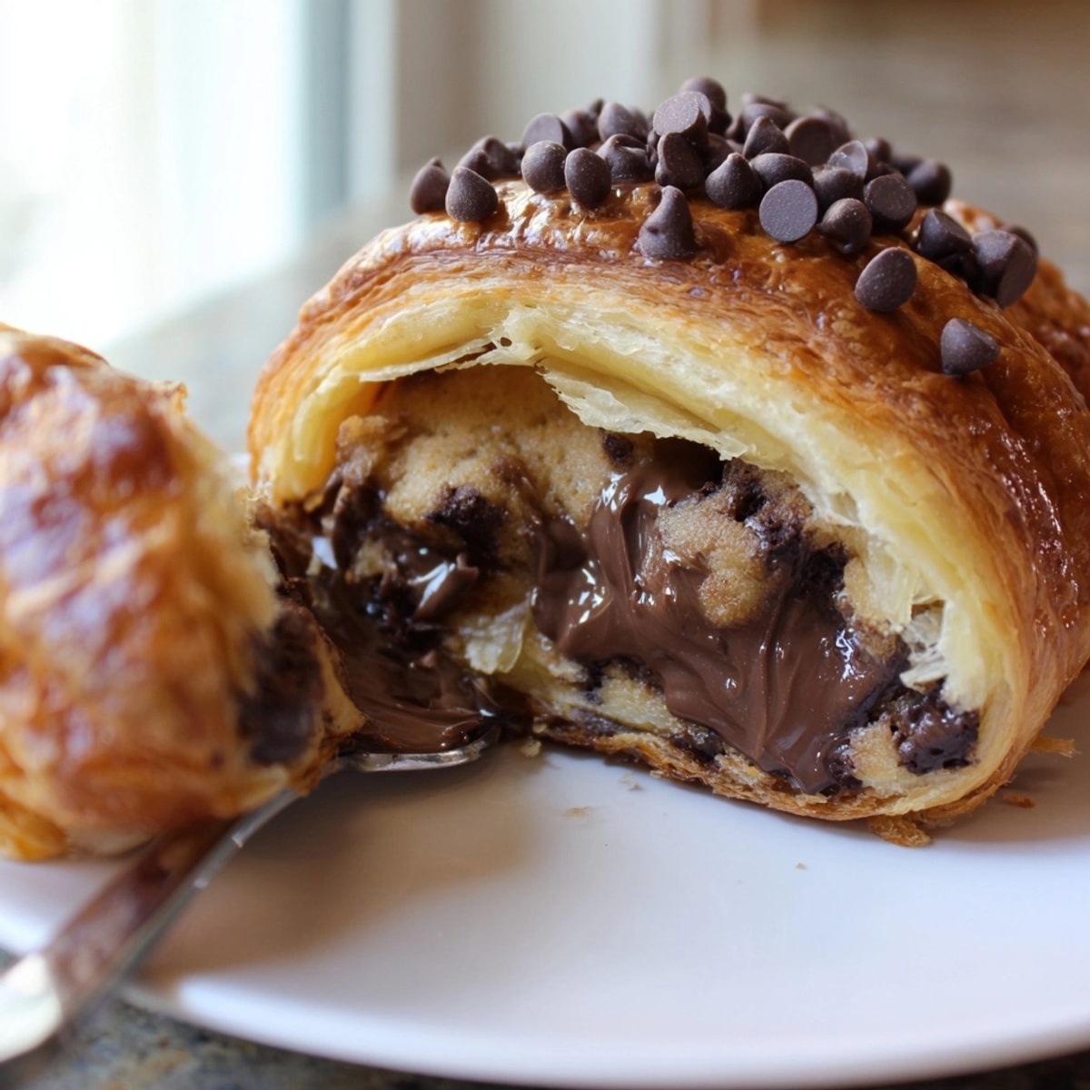Close-up of a baked Viral Cookie Croissant, showing layered dough and melted chocolate chips.