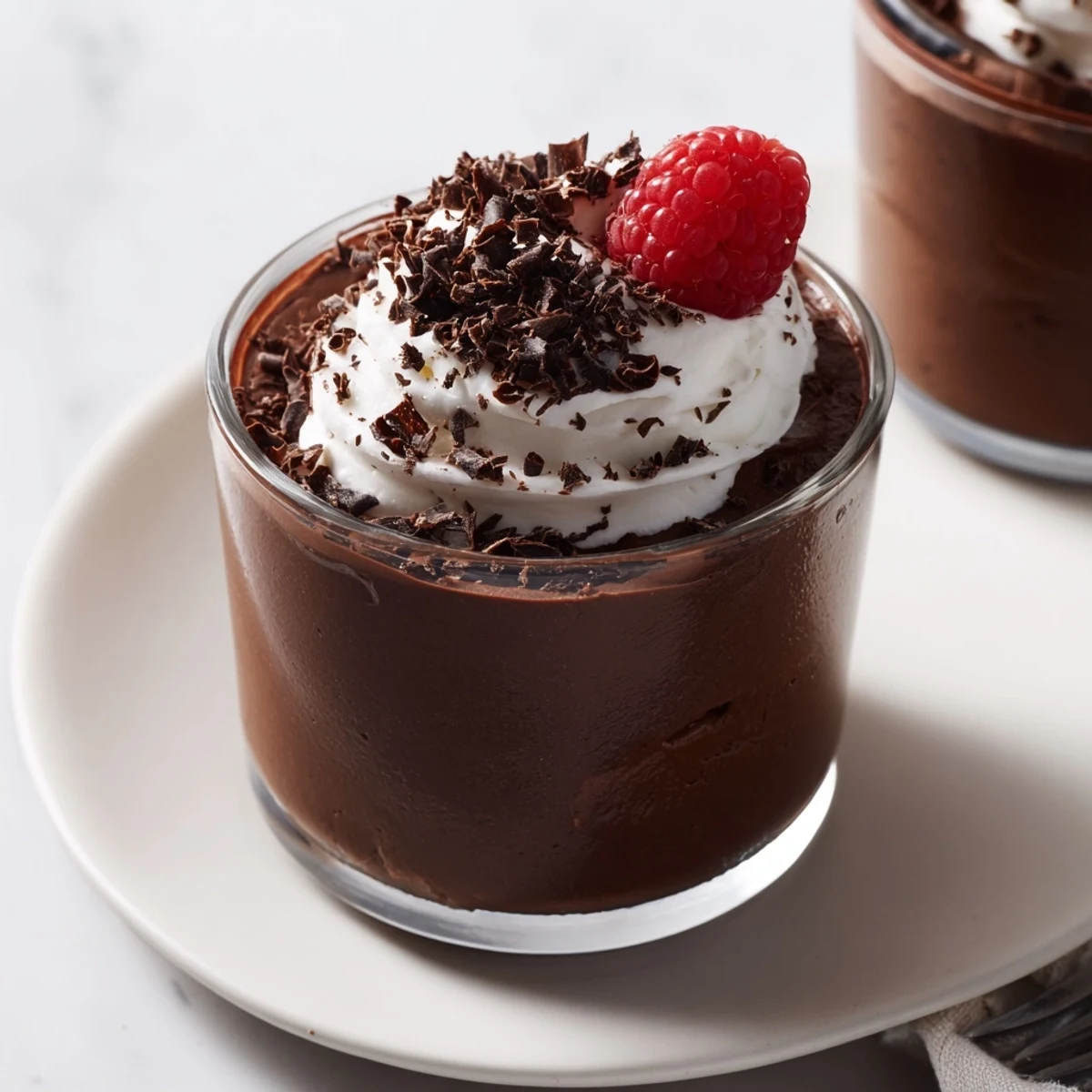 Silky smooth Decadent Dark Chocolate Mousse, swirled and ready to chill for an elegant dessert.