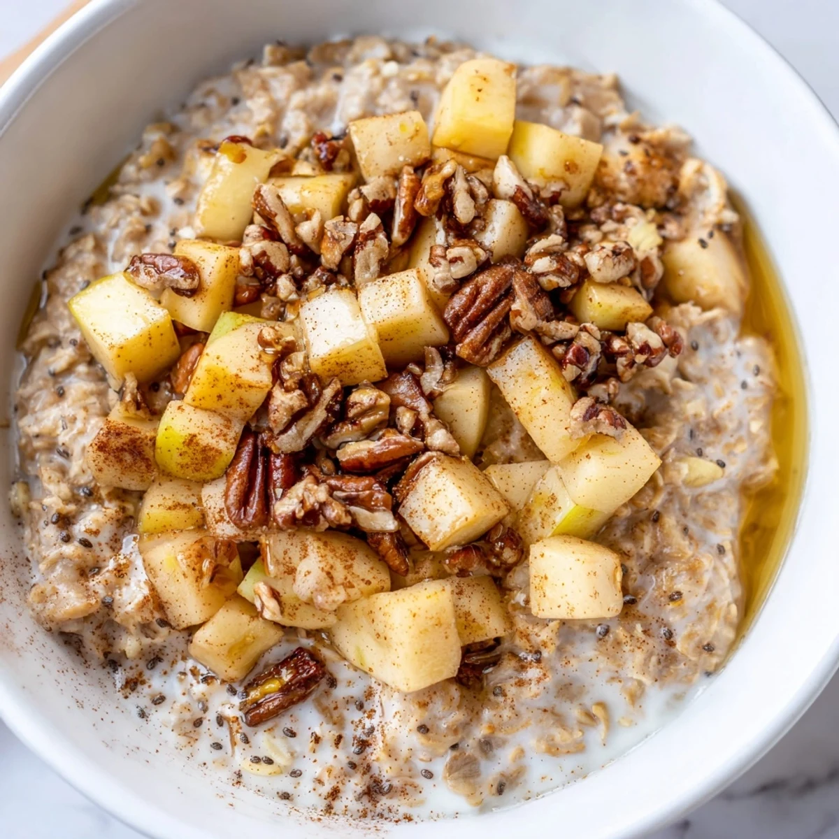 Steaming bowl of warm apple cinnamon oatmeal, garnished with fresh apple slices and nuts.
