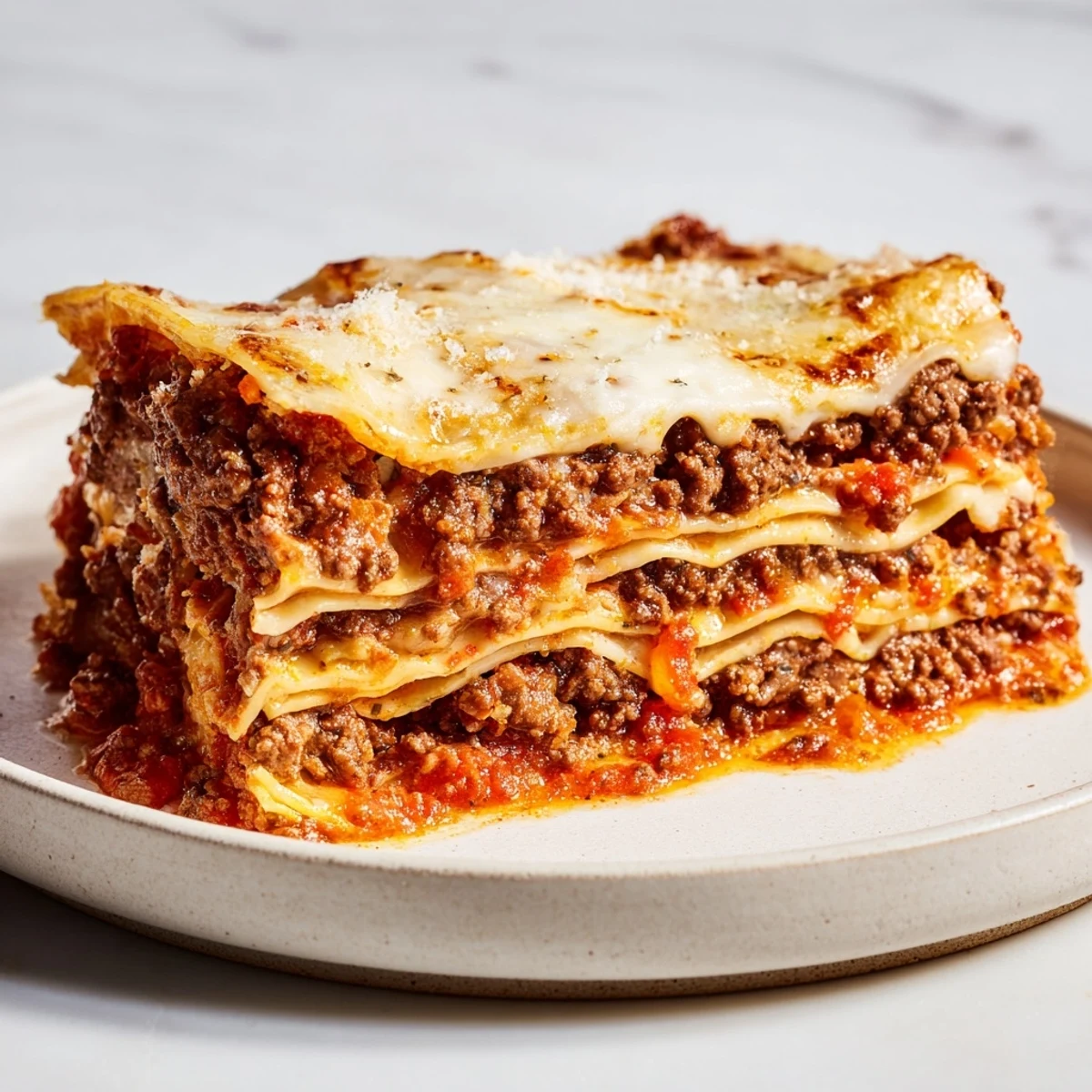 A close-up of a steaming, freshly baked classic beef lasagna, ready to be sliced and served.