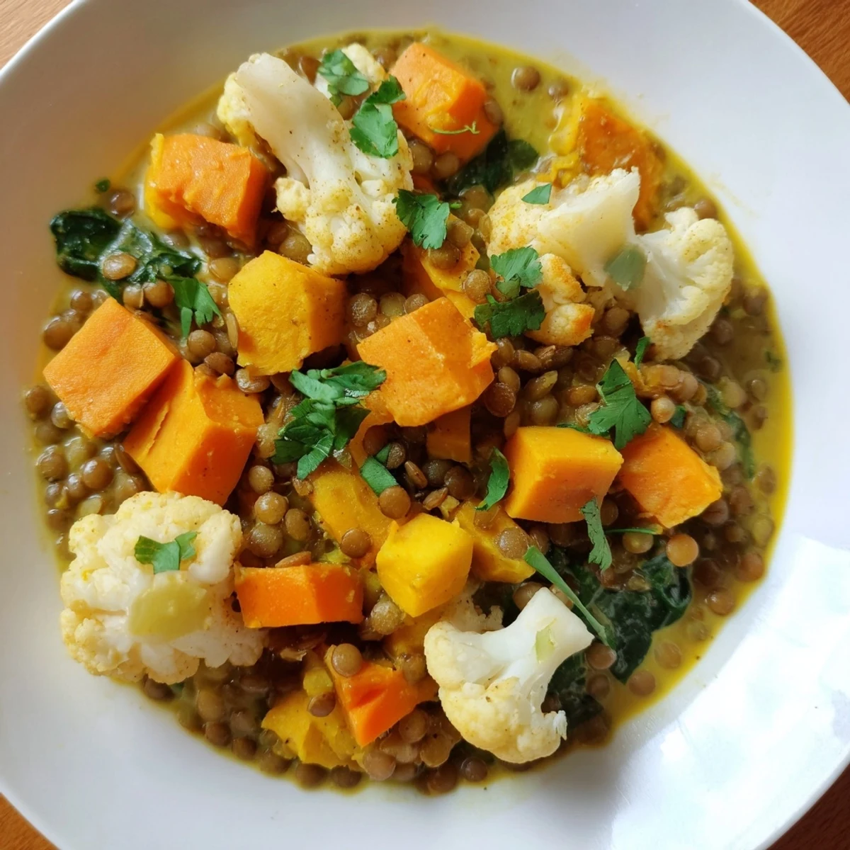 Steaming hot Winter Vegetable and Lentil Curry, garnished with fresh cilantro, ready to eat.
