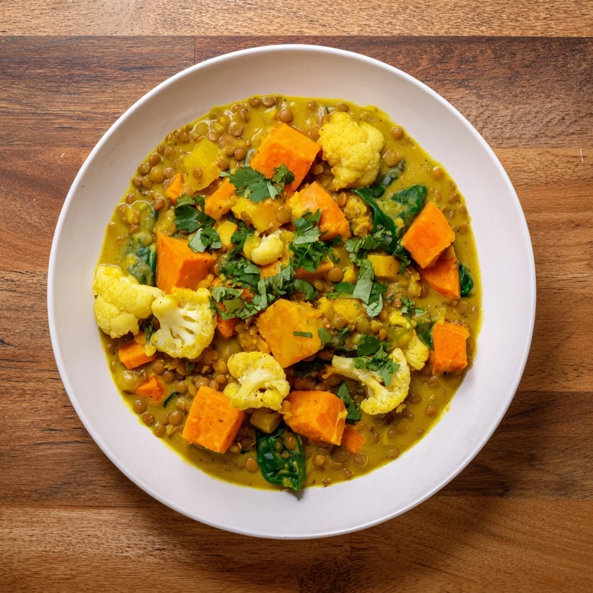 A big bowl of vibrant Winter Vegetable and Lentil Curry with creamy coconut milk and tender vegetables.