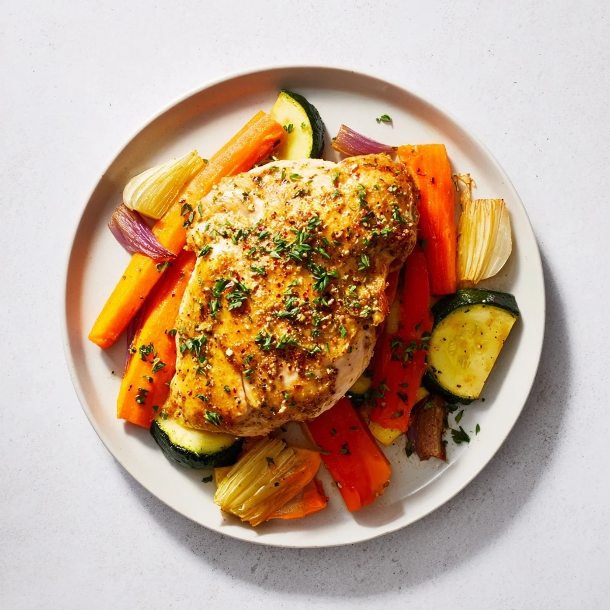 Savory Meal features golden roasted chicken and vibrant vegetables, offering a delightful dinner.