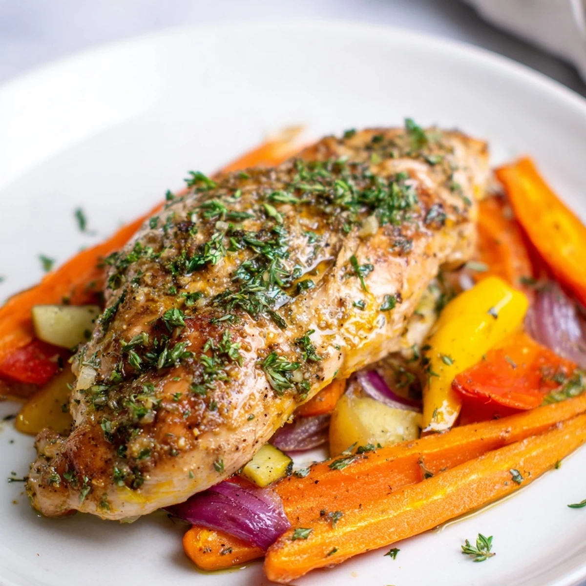 A close-up view of the savory meal showcases tender chicken breast atop colorful roasted vegetables.