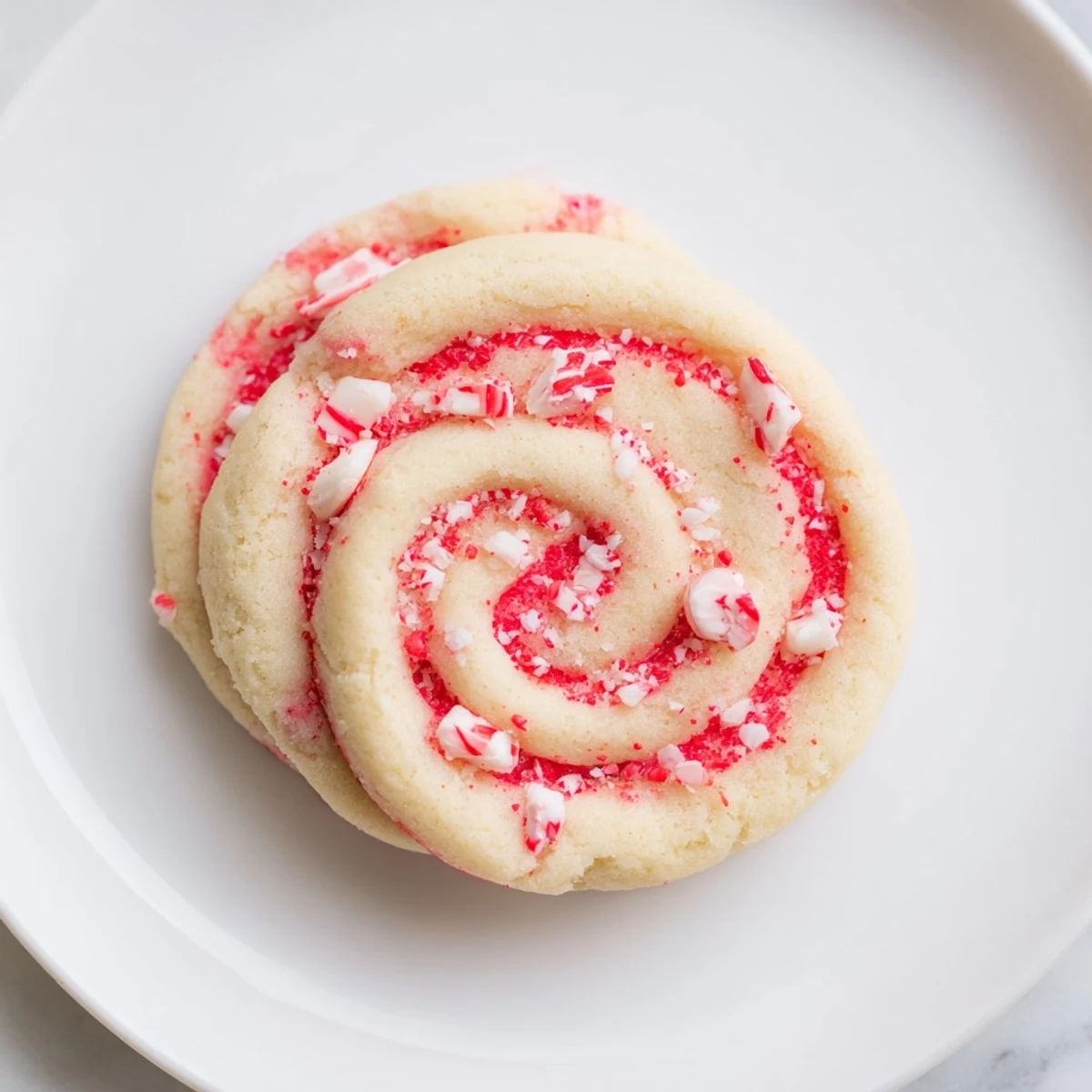 A close-up of a stack of tempting Peppermint Swirl cookies, sprinkled with crushed candy canes.