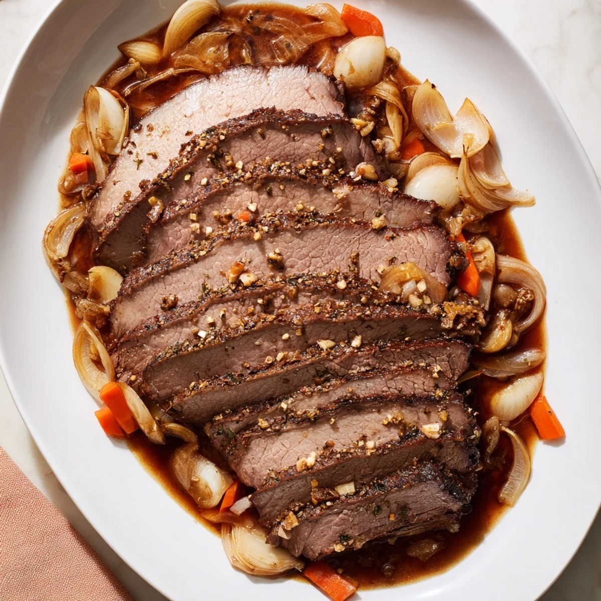 Close-up of succulent slow-cooked beef brisket, falling apart, with savory vegetables and rich gravy.