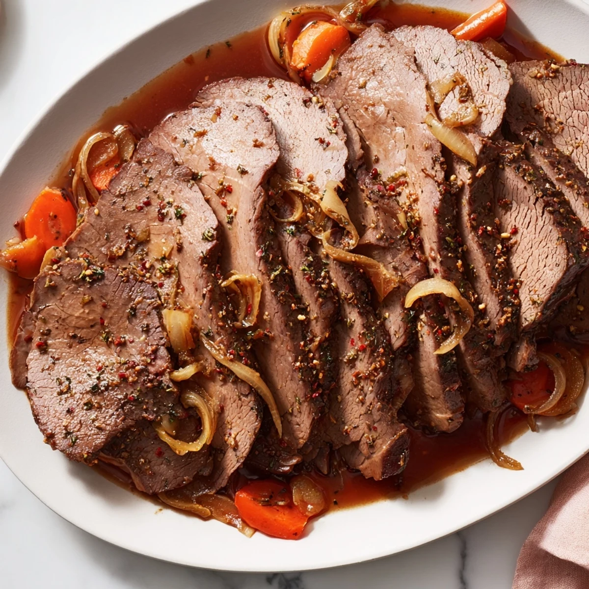 Appetizing, flavorful beef brisket on a platter, showcasing the glistening spiced crust and tender meat.