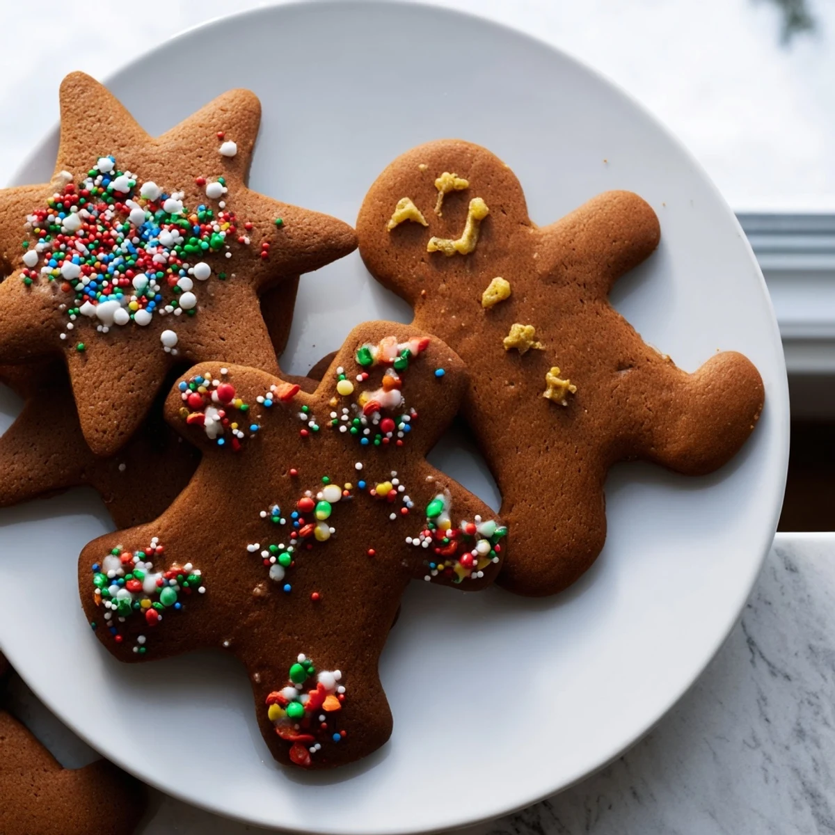 Close-up of freshly cut gingerbread cookies, the warm spices promising a delicious, comforting bite.