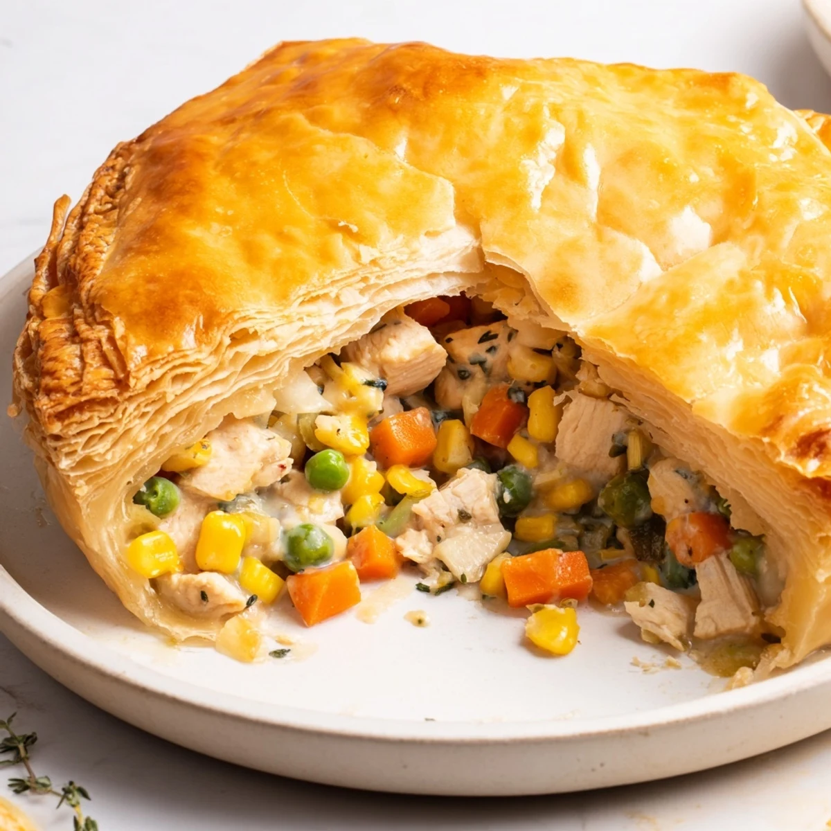 Imagine a rich, creamy sauce packed with chicken and veggies in this Savory Chicken Pot Pie.
