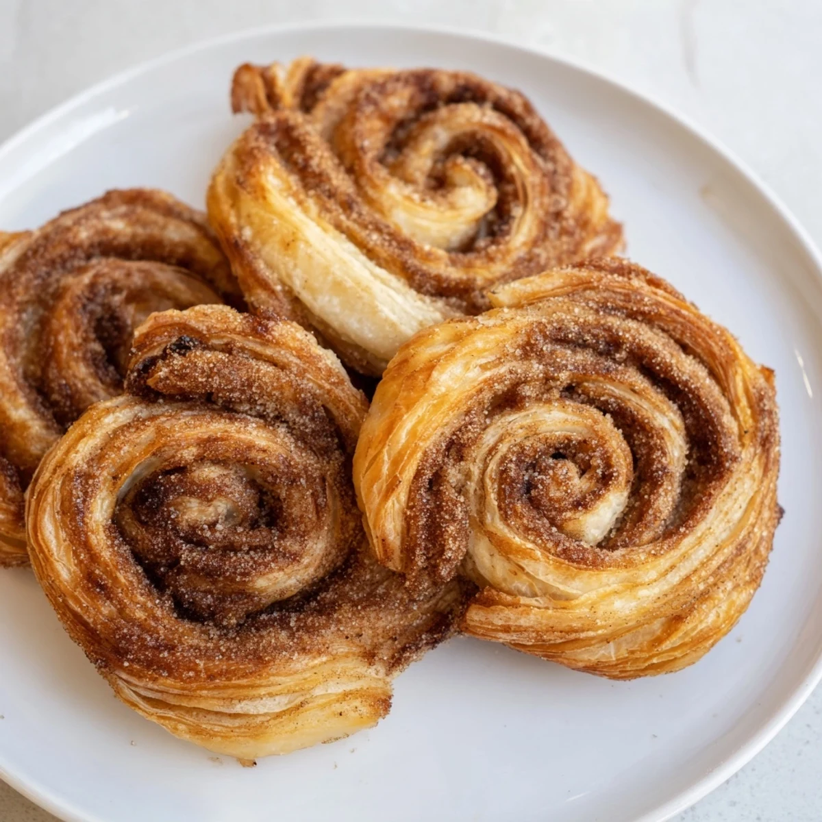 Crispy-edged Cinnamon Sugar Puff Pastry Swirls, baked to perfection and dusted with cinnamon sugar for serving.
