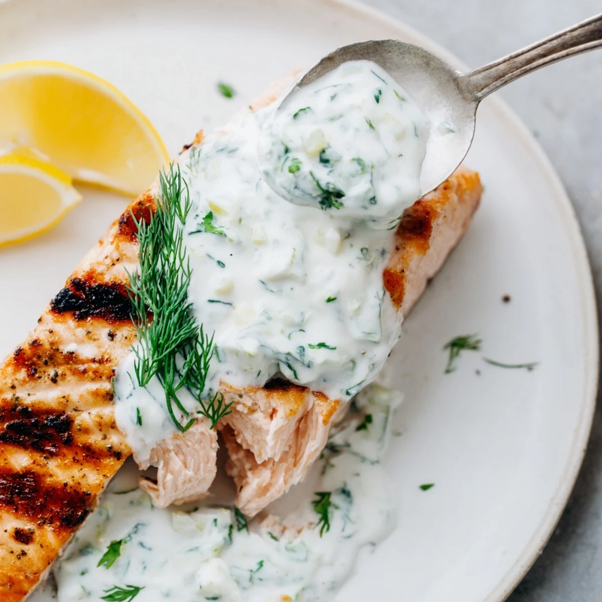 Perfectly grilled salmon, glistening with seasonings, ready to be topped with the vibrant dill yogurt sauce.