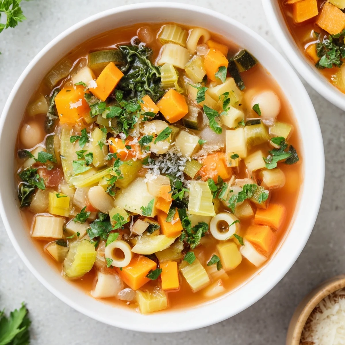 Steaming bowl of Winter Vegetable Minestrone Soup, garnished with parsley, a comforting winter meal.