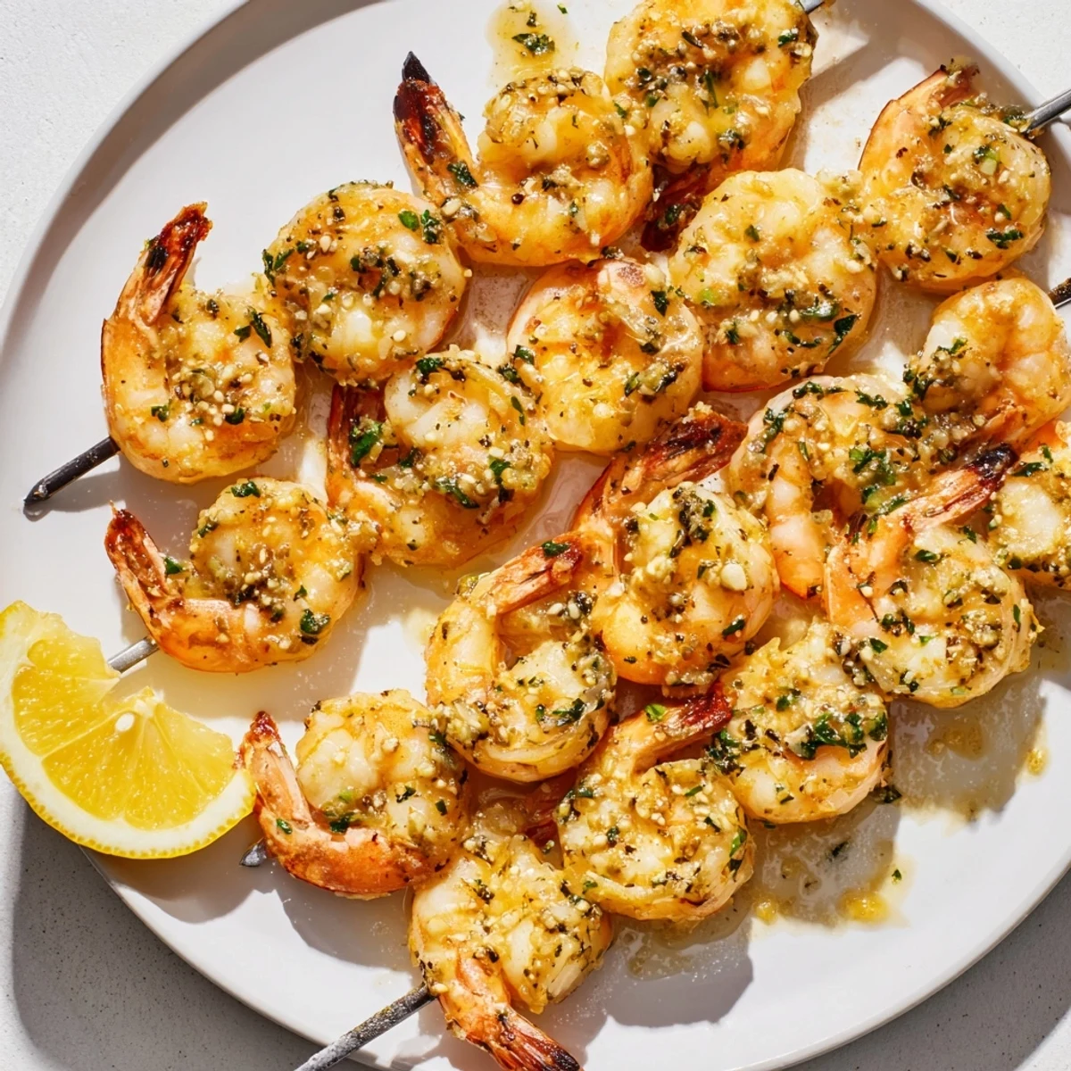 Vibrant Lemon Garlic Butter Shrimp Skewers, boasting a flavorful marinade, ready to grill to perfection.