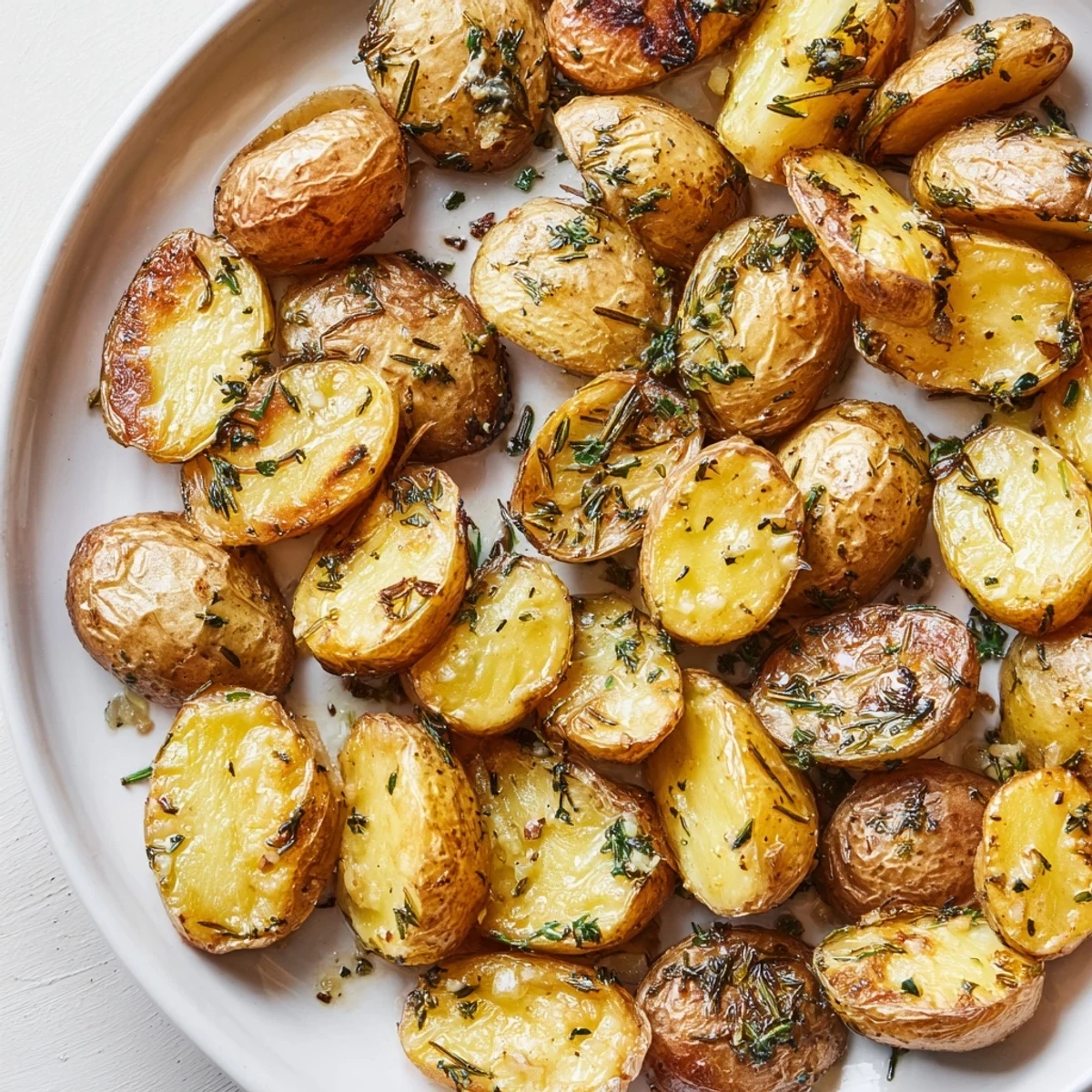 A close-up of perfectly roasted Garlic Herb Baby Potatoes, showing browning and flavorful herb coating.