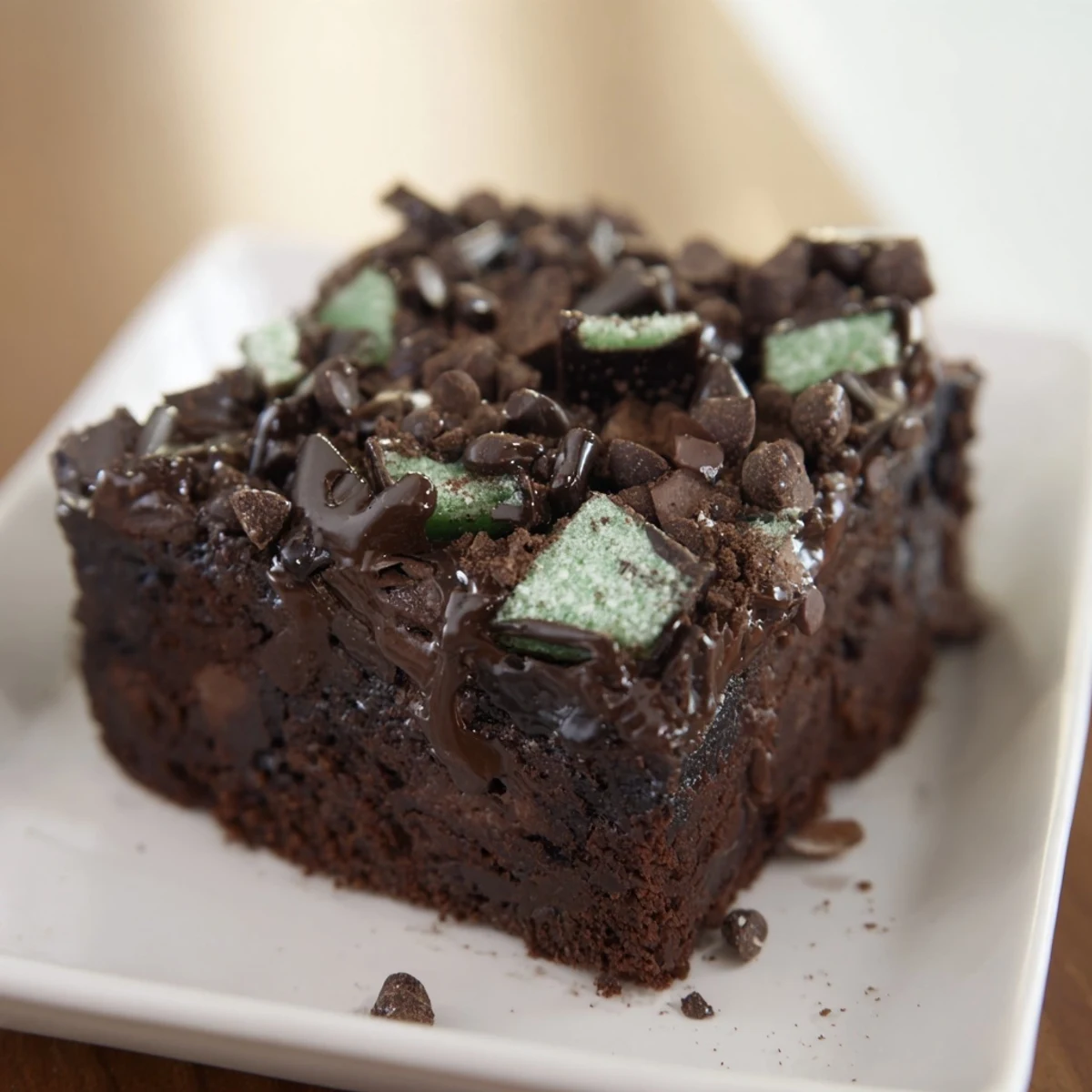 A square of rich, decadent Peppermint Mocha Fudge Brownies, offering a tempting swirl of flavors and textures.