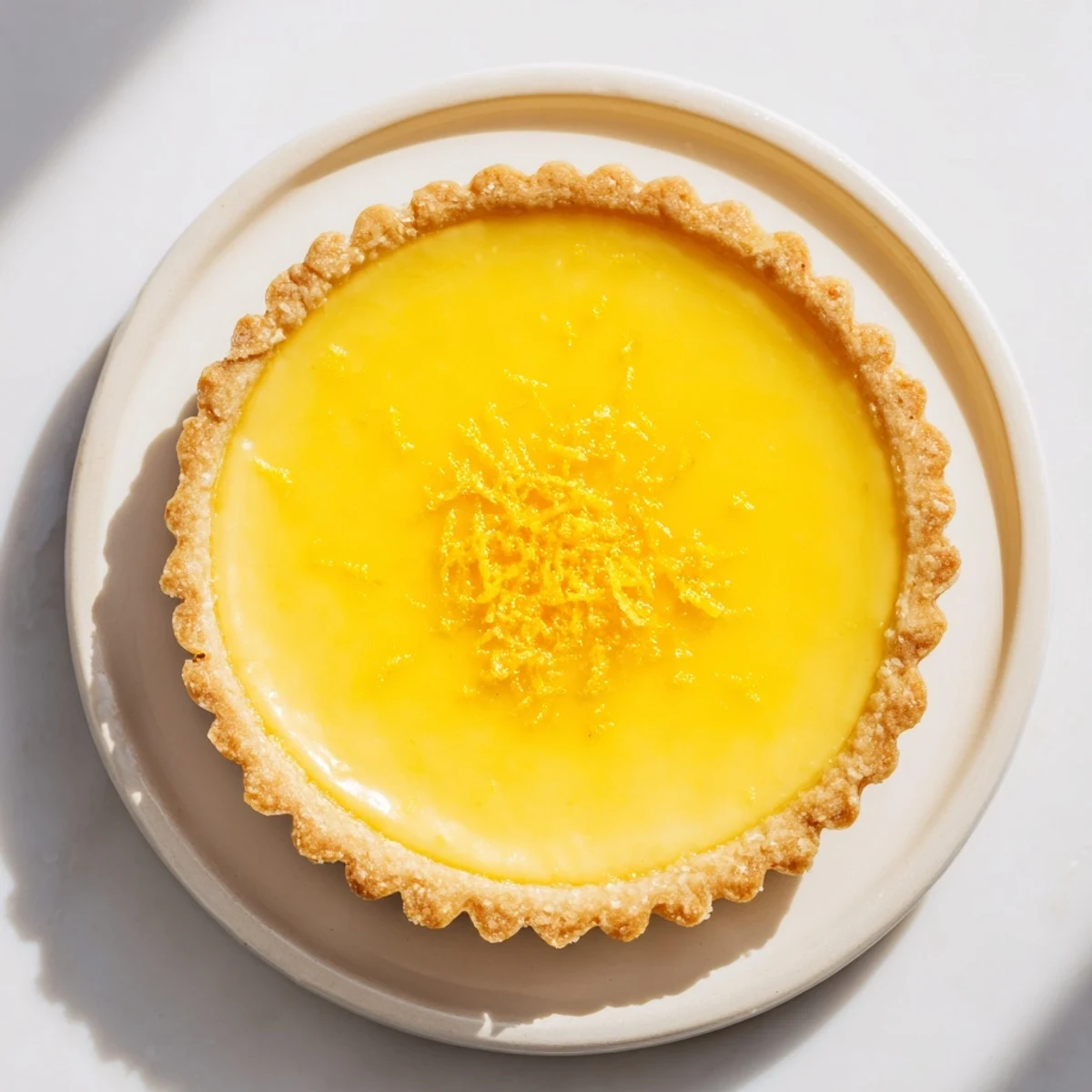 Golden-crusted Lemon Tart filling the image, inviting with its creamy, sweet, and tart custard.