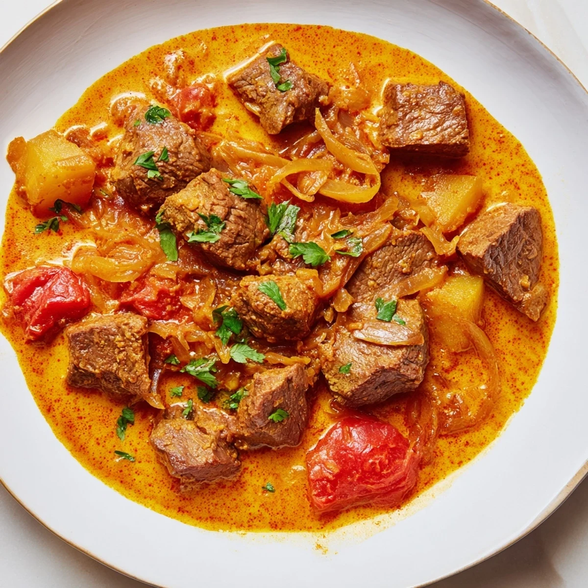 A vibrant photo: A delicious, gluten-free beef curry served with fresh cilantro.