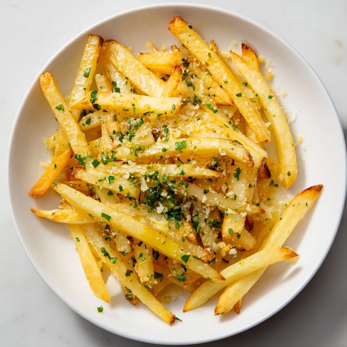 Homemade garlic fries, fresh from the oven, offering a delightful aroma and savory, flavorful bite.
