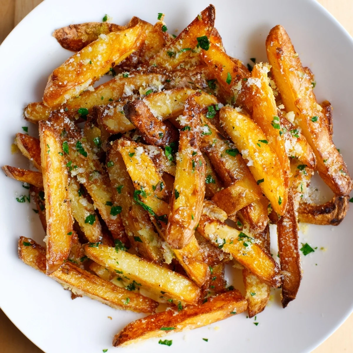 A generous serving of crispy garlic fries, sprinkled with Parmesan, a satisfying American comfort food.