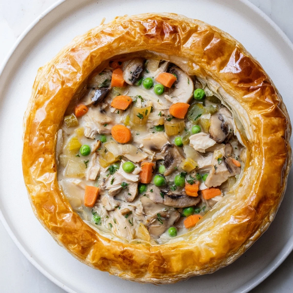 Imagine the steaming, delicious aroma of this savory chicken and vegetable pie, perfect for dinner.