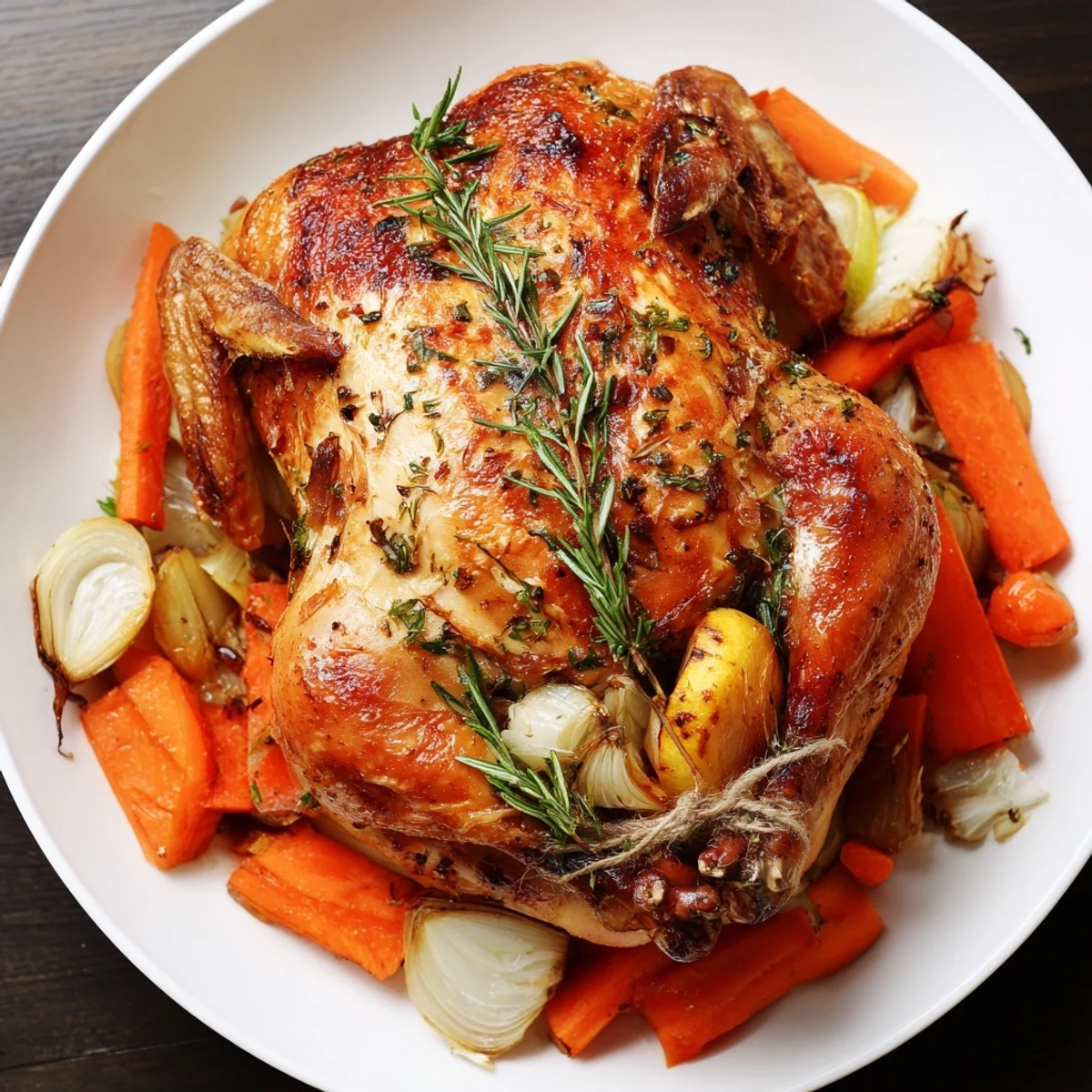 Juicy roasted chicken, seasoned with herbs, resting on a bed of roasted carrots, perfect for dinner.