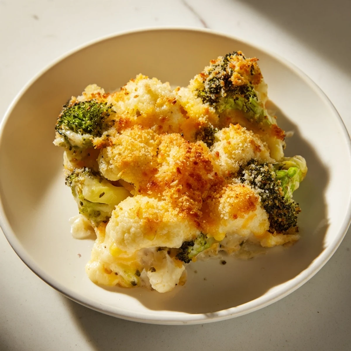 Tender cauliflower and broccoli baked in a rich cheese sauce for this Cheesy Cauliflower Gratin.