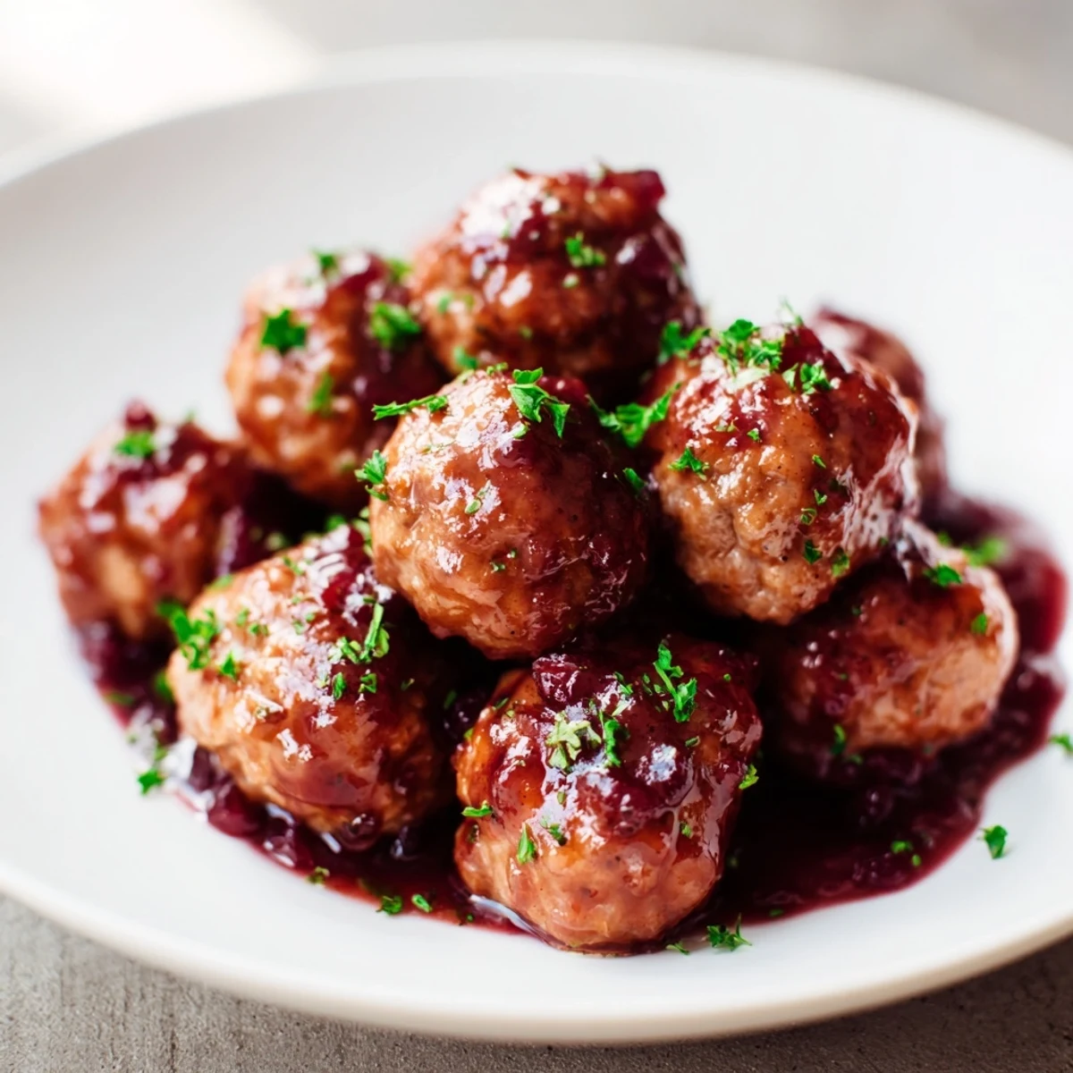 Golden-brown glazed turkey meatballs shimmering with a vibrant cranberry sauce, ready for serving.