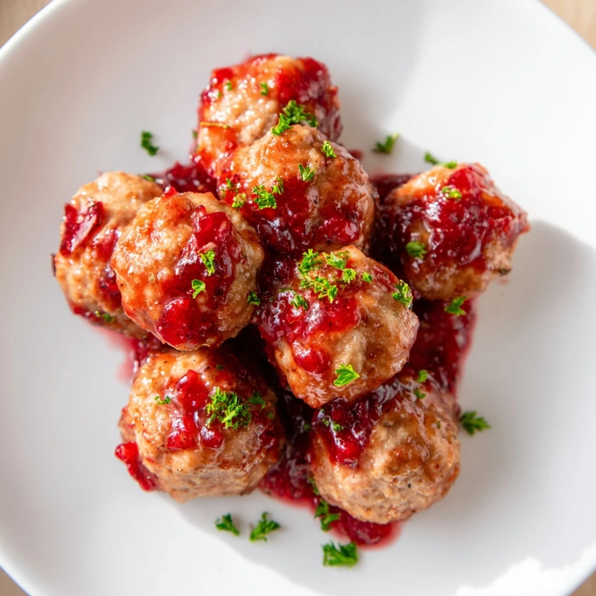 Platter of warm glazed turkey meatballs, garnished with parsley, promising a delicious, comforting meal.