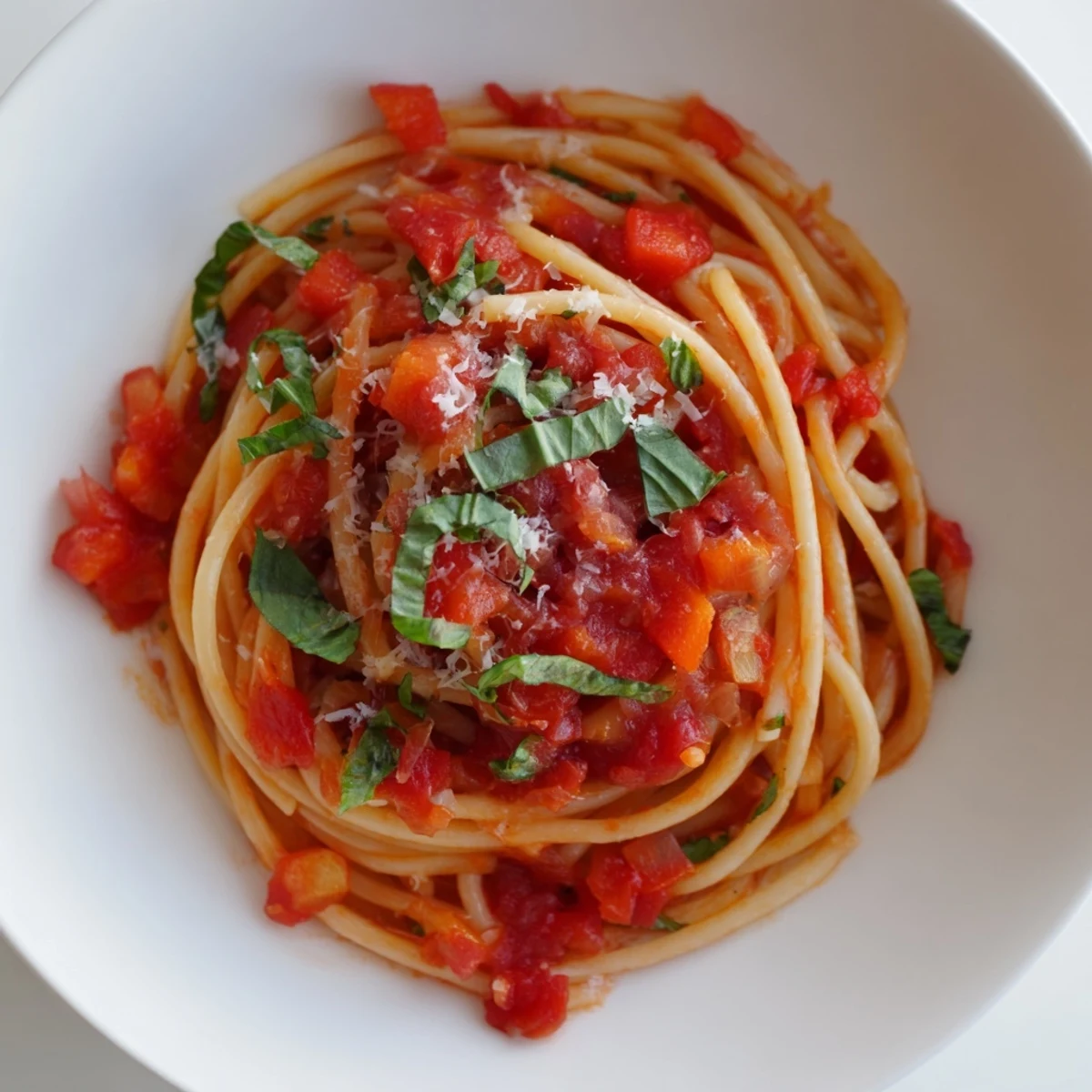 Steaming Spicy Tomato and Basil Pasta, a hearty Italian dish with vibrant red hues and fresh basil.