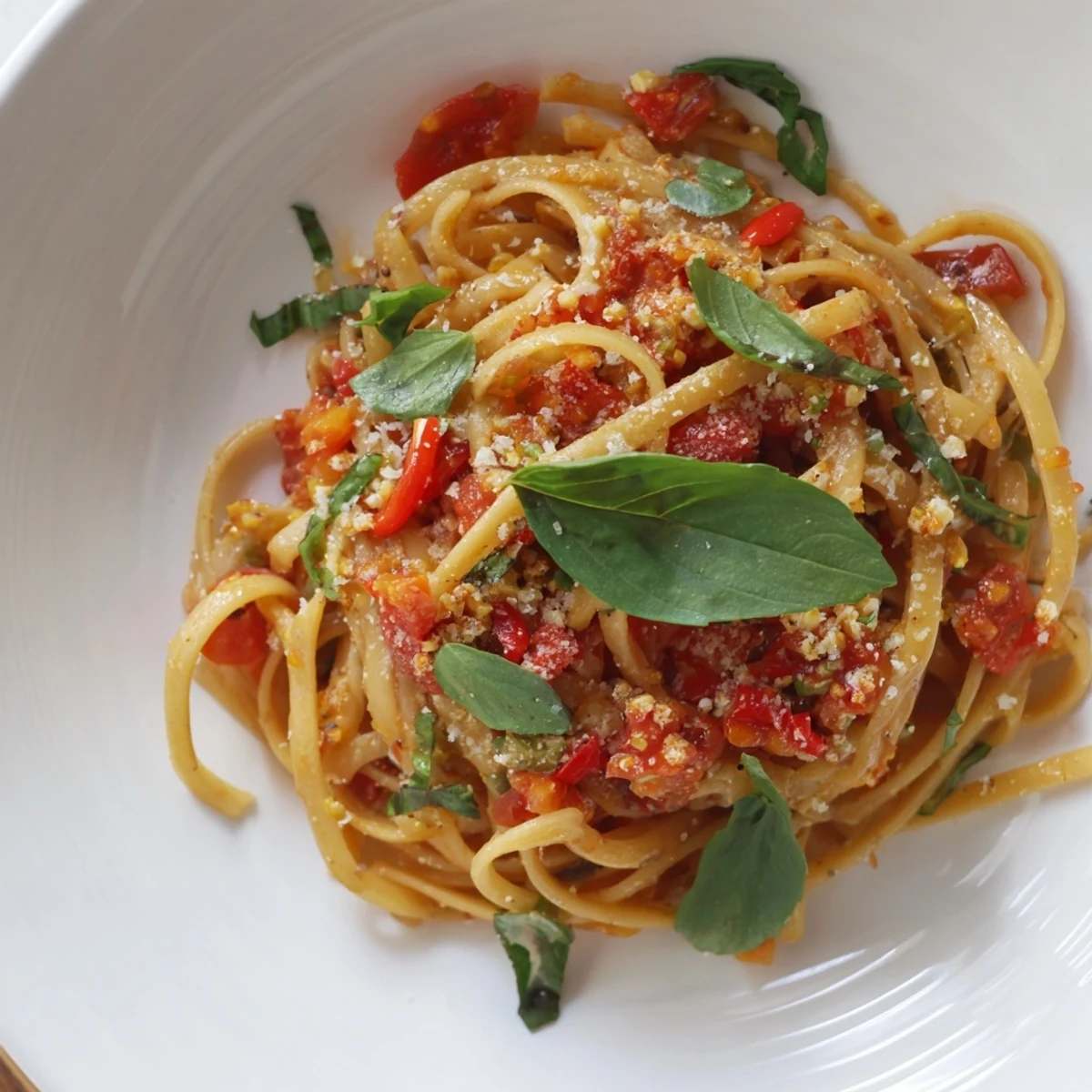 Close-up of Spicy Tomato and Basil Pasta, showing perfectly cooked pasta with a rich, flavorful tomato sauce.