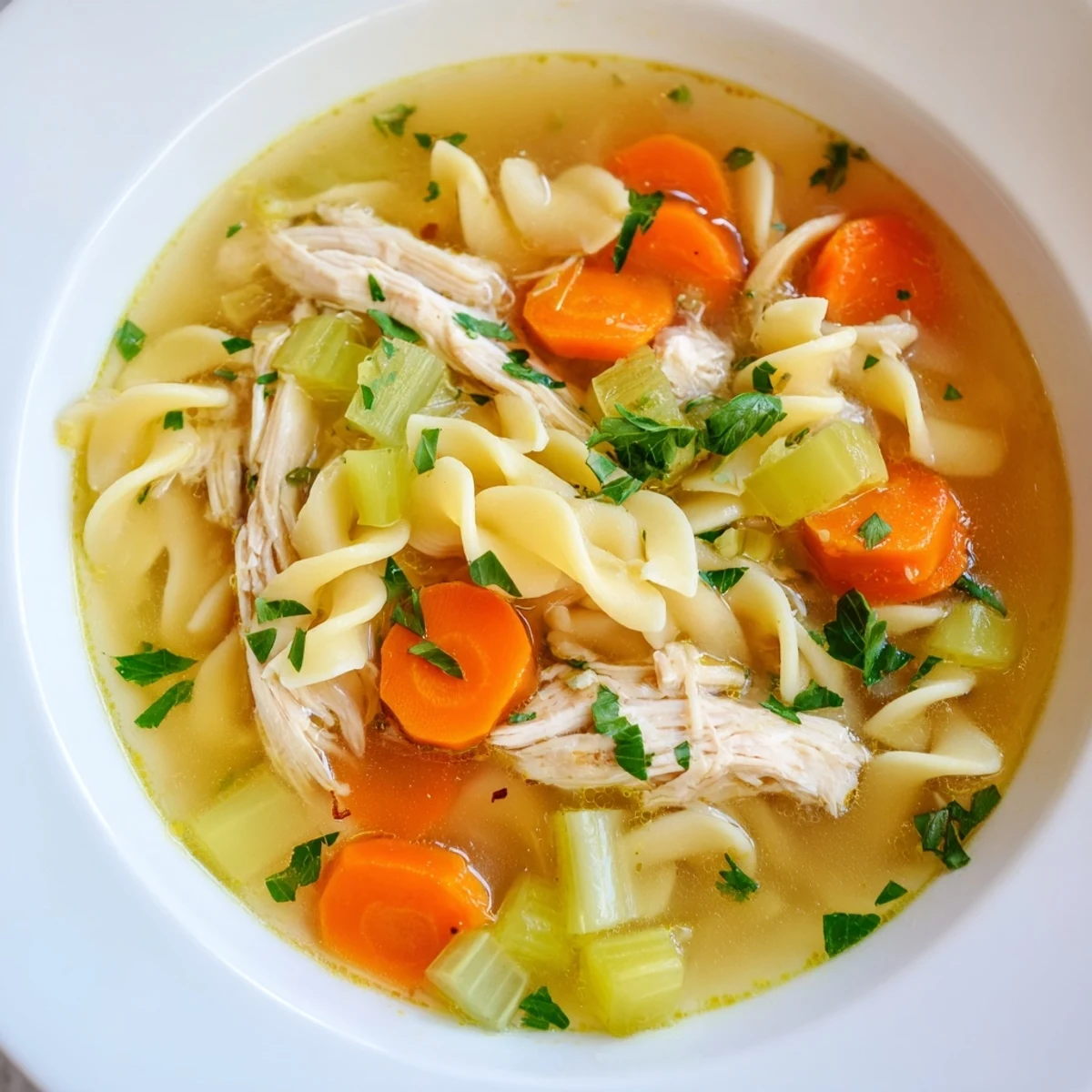 Steaming bowl of homemade chicken noodle soup, with visible egg noodles and tender shredded chicken pieces.