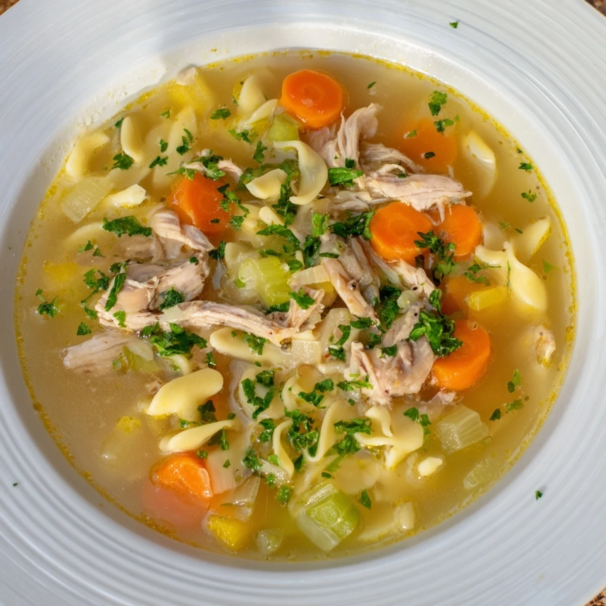 A close-up of a flavorful homemade chicken noodle soup, garnished with fresh parsley, ready to enjoy.