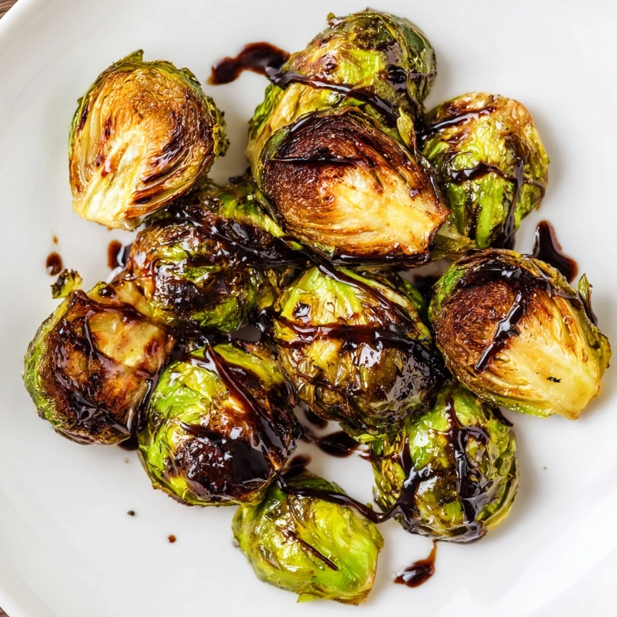 Golden-brown roasted Brussels sprouts with balsamic glaze, a flavorful and simple side dish.