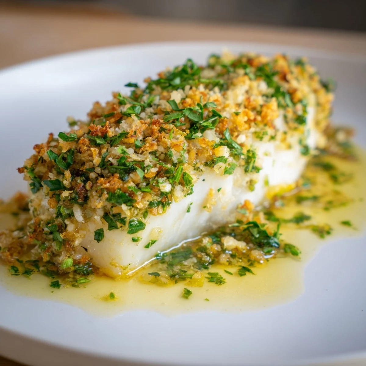 Deliciously baked herb crusted halibut glistening with lemon butter, a flavorful, elegant dinner entree.