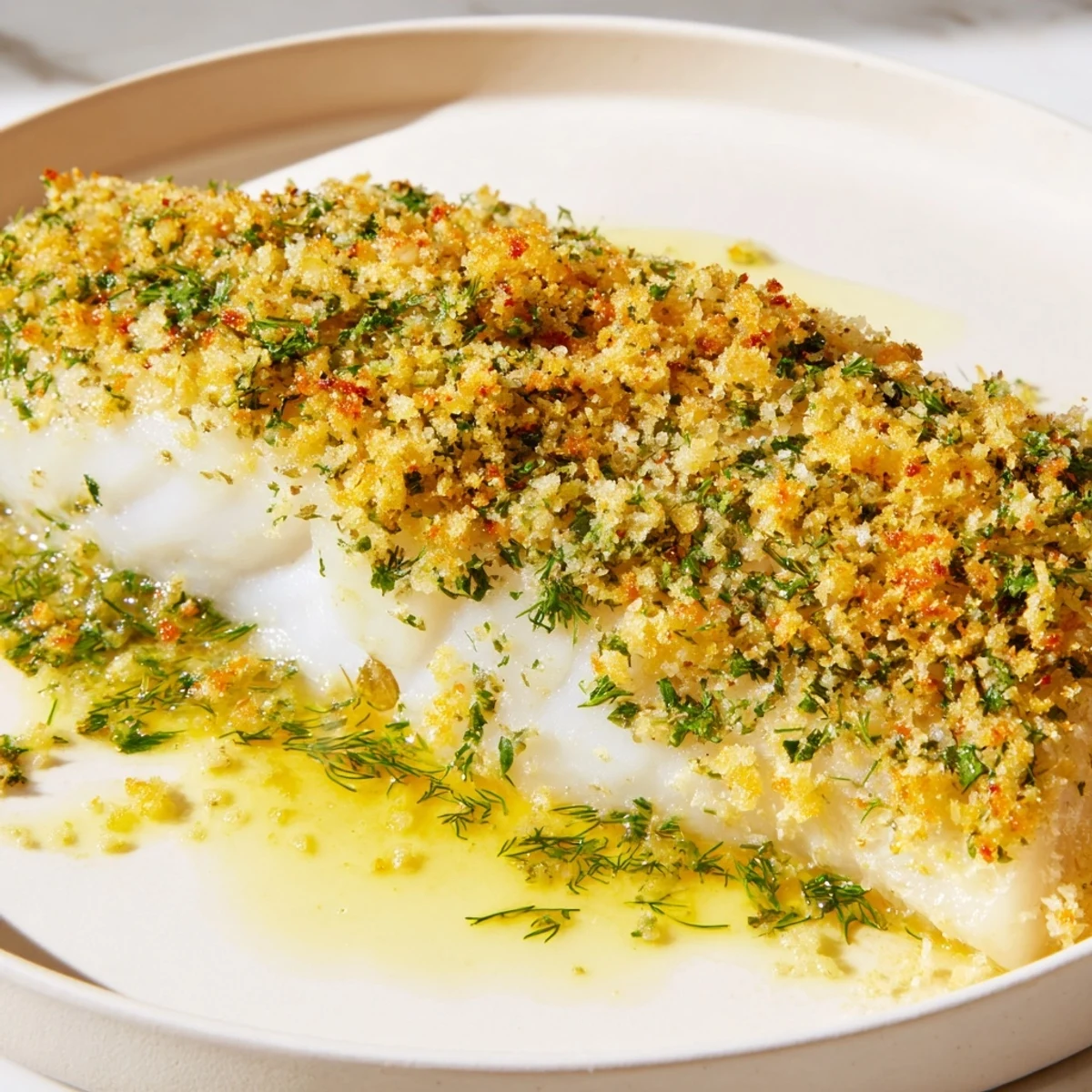 Savory, pan-seared herb crusted halibut: a close-up of the perfectly cooked fish with a zesty sauce.