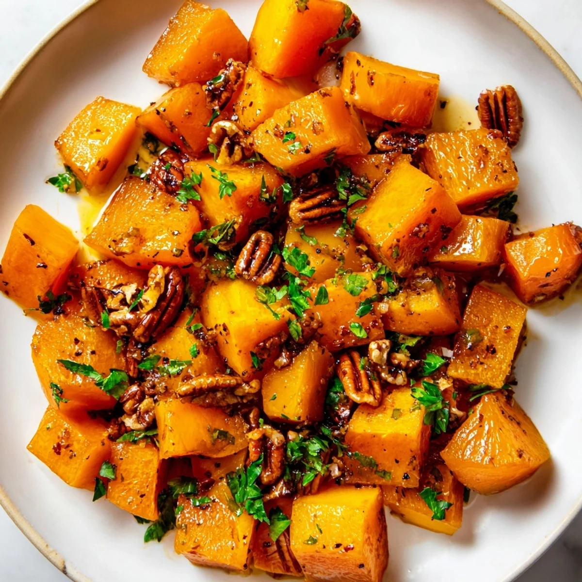 Golden roasted butternut squash with maple syrup, offering a sweet-savory autumn side.
