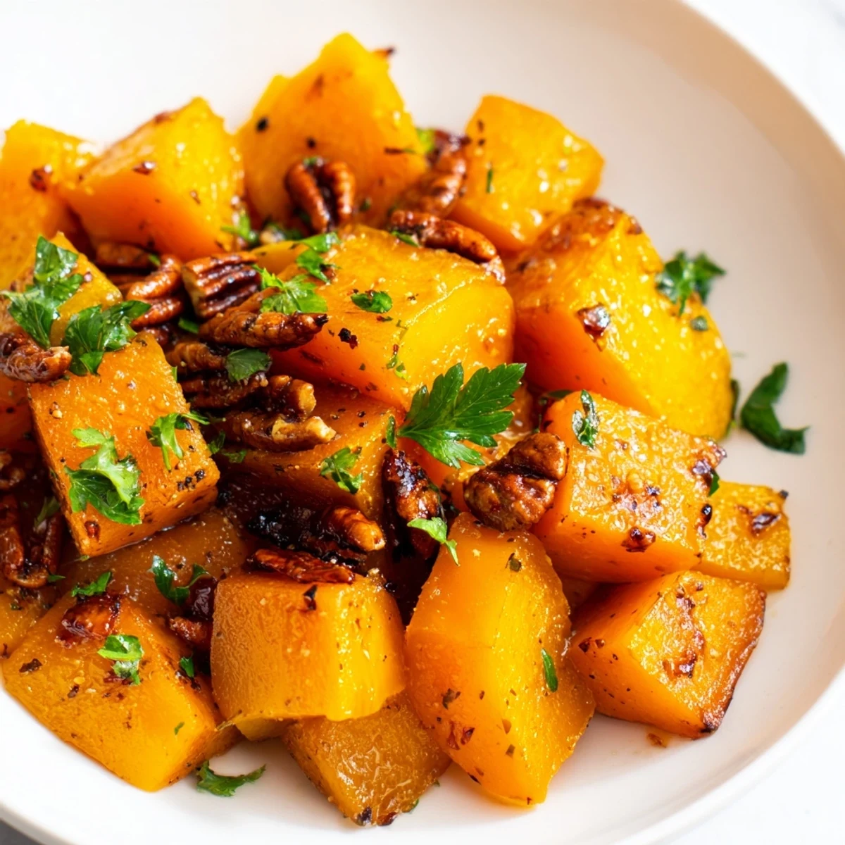 Tender, caramelized Roasted Butternut Squash with maple syrup, ready to enjoy alongside your meal.
