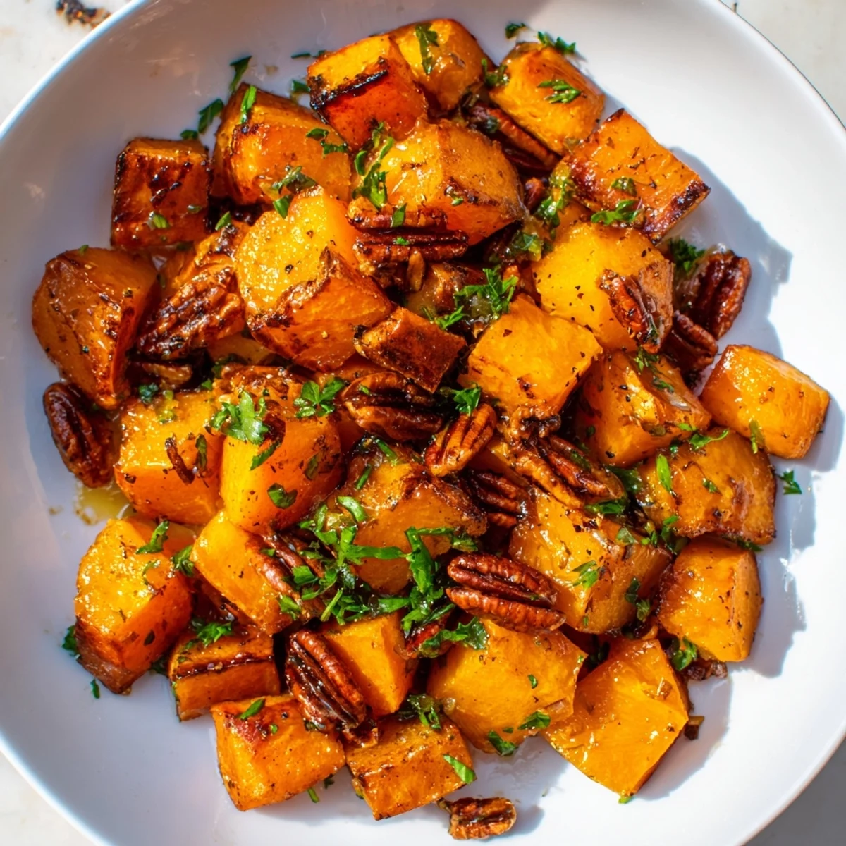 A warm serving of Roasted Butternut Squash with maple syrup, garnished with fresh herbs, is ready.